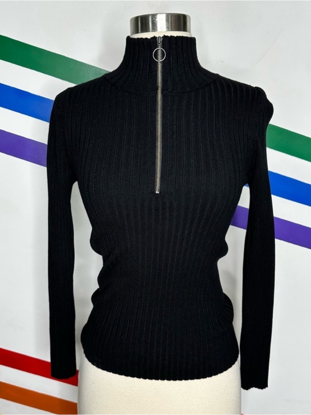 NEW Anthropologie Maeve Quarter Zip Ribbed Pullover Sweater XS Black